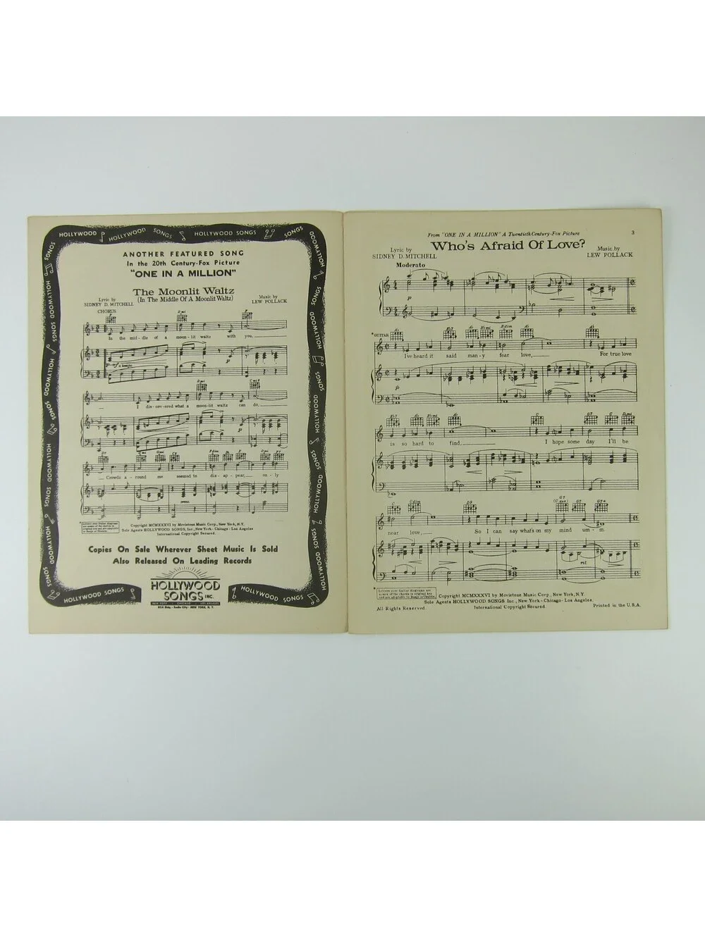 Sheet Music Who's Afraid of Love One in a Million Film Sonja Henie Vintage 1936